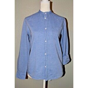 H&M Blue Button Front Shirt Girls 14 Band Collar Roll Tab Sleeve Lightweight
